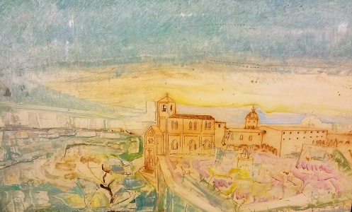 Roger Descombes, Village du Luberon au printemps, 1971 - Paysage Village du Luberon au  Printemps, vers 1971, détail, huile sur massonite